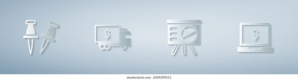 Set Pin de empuje, camión blindado, Tablero con gráfico y dólar portátil. Estilo de arte de papel. Vector