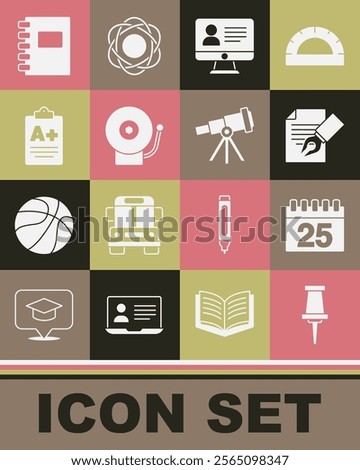 Set Push pin, Calendar, Exam sheet and pencil, Online class, Ringing alarm bell, with A plus grade, Spiral notebook and Telescope icon. Vector