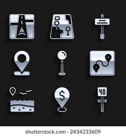 Set Push pin, Cash location, Road traffic sign, Route, Location with beach,  and Gps device map icon. Vector