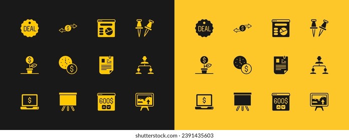 Set Push pin, Chalkboard, Resume, Monitor with dollar, Time is money, Pie chart infographic, Deal and Money exchange icon. Vector