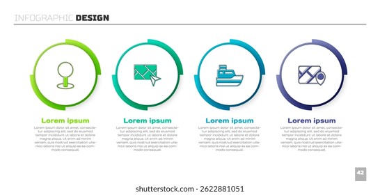 Defina Push pin, navegação no mapa da cidade, Caminho da linha de remessa e Infográfico da cidade. Modelo de infográfico comercial. Vetor