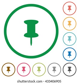 Set of Push pin color round outlined flat icons on white background