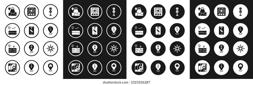 Set Push pin, Compass on mobile, Location with beach, mountain, Cash location, Gps device map, Wind rose and Broken road icon. Vector