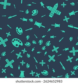 Set Push pin, Crossed pencil with eraser, Palette and Pen on seamless pattern. Vector