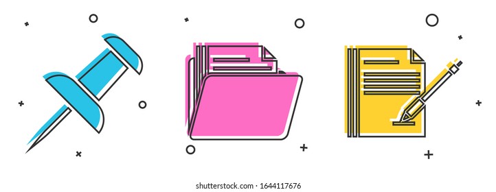 Set Push pin, Document folder and Blank notebook and pen icon. Vector