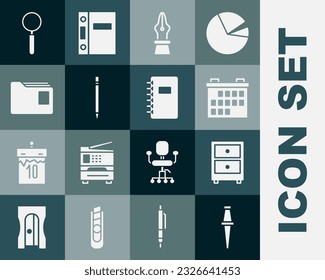 Set Push pin, Drawer with documents, Calendar, Fountain pen nib, Pencil eraser, Document folder, Magnifying glass and Spiral notebook icon. Vector