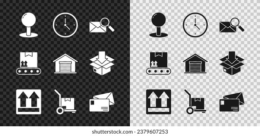 Set Push pin, Fast time delivery, Envelope with magnifying glass, This side up, Hand truck and boxes, Conveyor belt cardboard and Warehouse icon. Vector