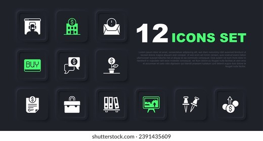 Set Push pin, Financial growth dollar, Business negotiations, Monitor with graph chart, Buy button, Briefcase, Bank building and Office folders icon. Vector