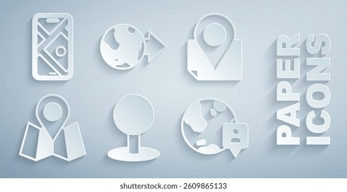Set Push pin, Folded map with location marker, Location the globe,  and City navigation icon. Vector