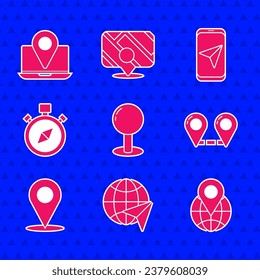 Ajuste el pin Push, Globe con plano volante, Ubicación en el globo, Ubicación de la ruta, Compass, Navegación del mapa de la ciudad e icono del marcador de portátil. Vector