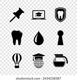 Set Push pin, Graduation cap on laptop, Dental protection, Hot air balloon, globe and Coffee pot icon. Vector
