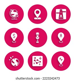 Set Push pin, Great Bear constellation, Car service, Location, Satellites orbiting the planet, Cash location, Gps device with map and Earth globe icon. Vector