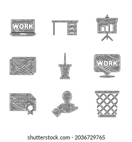 Set Push pin, Hand for search a people, Trash can, Location with text work, Certificate template, Envelope, Chalkboard diagram and Laptop icon. Vector