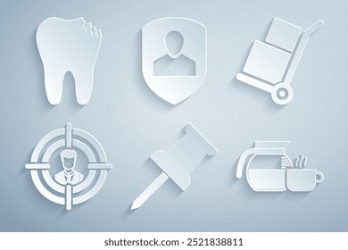 Definir Push pin, Caminhão de mão e caixas, Caça à cabeça, Cafeteira com xícara, Proteção do usuário e ícone de dente quebrado. Vetor