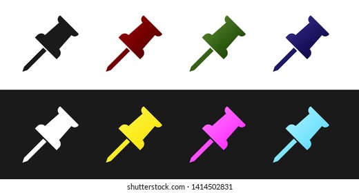 Set Push pin icon isolated on black and white background. Thumbtacks sign. Vector Illustration