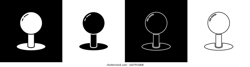 Ajuste el icono de empuje aislado en fondo blanco y negro. Signo de Thumbtacks.  Ilustración vectorial