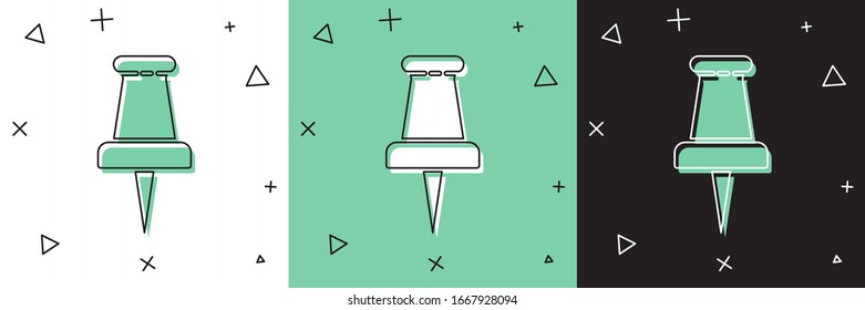 Set Push-Pin-Symbol einzeln auf weißem und grünem, schwarzem Hintergrund. Thumbstapel-Zeichen. Vektorillustration-Illustration