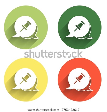 Set Push pin icon isolated with long shadow background. Thumbtacks sign. Color circle button. Vector