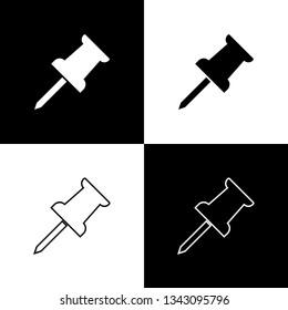 Set Push pin icons isolated on black and white background. Thumbtacks sign. Line, outline and linear icon. Vector Illustration