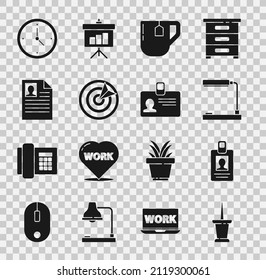 Set Push pin, Identification badge, Table lamp, Cup of tea with tea bag, Target sport, Resume, Clock and  icon. Vector
