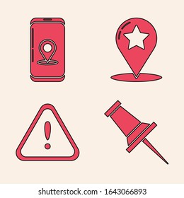 Set Push pin, Infographic of city map navigation, Map pointer with star and Exclamation mark in triangle icon. Vector