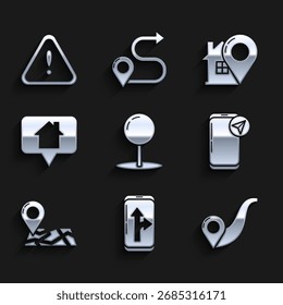 Establecer Push pin, infografía de la navegación del mapa de la ciudad, ubicación de la ruta, doblado con marcador, casa de puntero de mapa e icono de triángulo de exclamación. Vector
