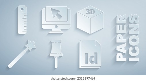 Set Push pin, Isometric cube, Magic wand, ID File document, Computer monitor cursor and Ruler icon. Vector