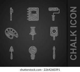 Set Push pin, Light bulb, Paint brush, Spray can nozzle cap, Palette knife, roller and Pen icon. Vector