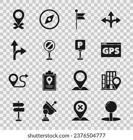 Establezca el pin Push, la ubicación con la casa, el mapa del dispositivo Gps, el marcador, el signo Stop, el tráfico por carretera y el icono Parking. Vector