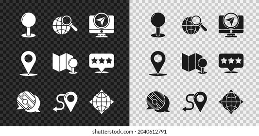 Set Push pin, Magnifying glass with globe, Monitor location marker, Infographic of city map navigation, Route, World compass, Location and Folded push icon. Vector