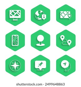 Set Push pin, Map marker with human, Route location, Wind rose, City map navigation, Gps device and Monitor icon. Vector