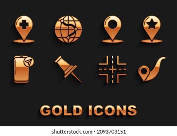 Set Push pin, Map pointer with star, Route location, Road traffic sign, Infographic of city map navigation, Medical cross hospital and Location the globe icon. Vector