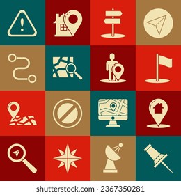 Set Push pin, Map pointer with house, Flag, Road traffic sign, Folded map location marker, Route, Exclamation triangle and silhouette of person icon. Vector