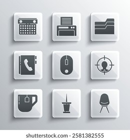 Set Push pin, Office chair, Head hunting concept, Computer mouse, Cup of tea with tea bag, Address book, Calendar and Document folder icon. Vector