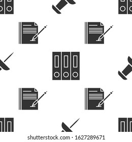 Set Push pin, Office folders with papers and documents and Blank notebook and pen on seamless pattern. Vector