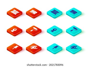 Set Push pin, Paint brush with palette, Fountain pen nib, roller, Laptop and Pencil sharpener icon. Vector