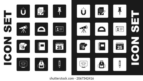 Set Push pin, Protractor grid, Telescope, Magnet, Online class, Exam sheet and pencil, Calendar and  icon. Vector