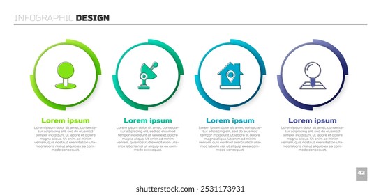 Set Push Pin, Radar, Lage mit Haus und gefalteter Kartenmarkierung. Vorlage für Geschäftsinformationen. Vektorgrafik