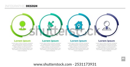 Set Push pin, Radar, Location with house and Folded map location marker. Business infographic template. Vector
