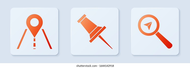 Set Push pin, Road traffic sign and Search location. White square button. Vector