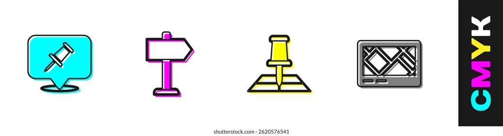 Establecer Push pin, señal de tráfico de carretera, mapa plegado con marcador de ubicación e icono de dispositivo GPS. Vector
