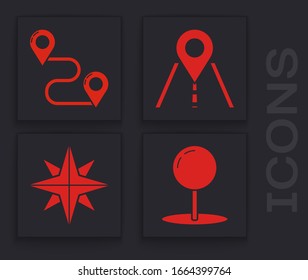 Defina el pin Push, la ubicación de la ruta, el símbolo del tráfico y el icono de la rosa del viento. Vector