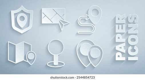 Set Push pin, Route location, Folded map with marker, Location, City navigation and shield icon. Vector