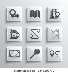 Set Push pin, Route location, Gps device with map, Location house,  and  icon. Vector
