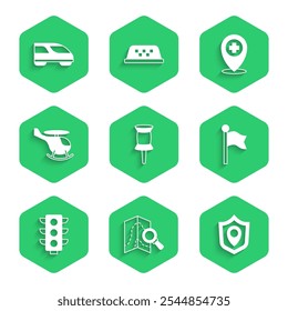 Set Push pin, ubicación de la Búsqueda, escudo de Locación, marcador, semáforo, helicóptero, con hospital cruzado e ícono de tren de alta velocidad. Vector