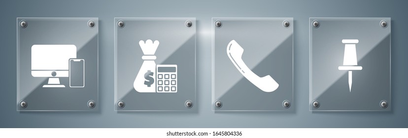 Set Push pin, Telephone handset, Calculator with money bag and American football helmet and shield. Square glass panels. Vector