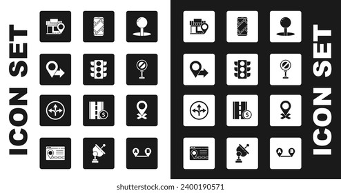 Set Push pin, Traffic light, Location, with store, Stop sign, City map navigation,  and Road traffic icon. Vector