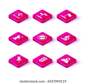 Set Push pin, Traffic light, Radar, Stop sign, Folded map with location marker, Map silhouette of person, Flag and Road traffic icon. Vector