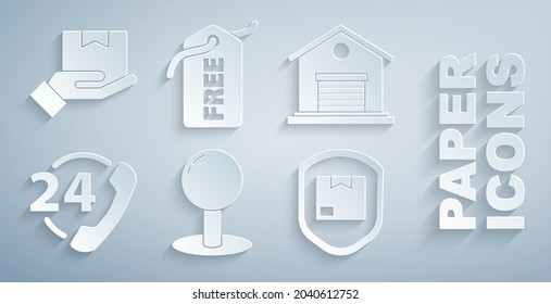 Set Push pin, Warehouse, Telephone 24 hours support, Delivery pack security with shield, Price tag Free and hand boxes icon. Vector