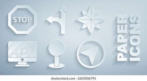 Set Push pin, Wind rose, Monitor with location marker, Infographic of city map navigation, Road traffic sign and Stop icon. Vector